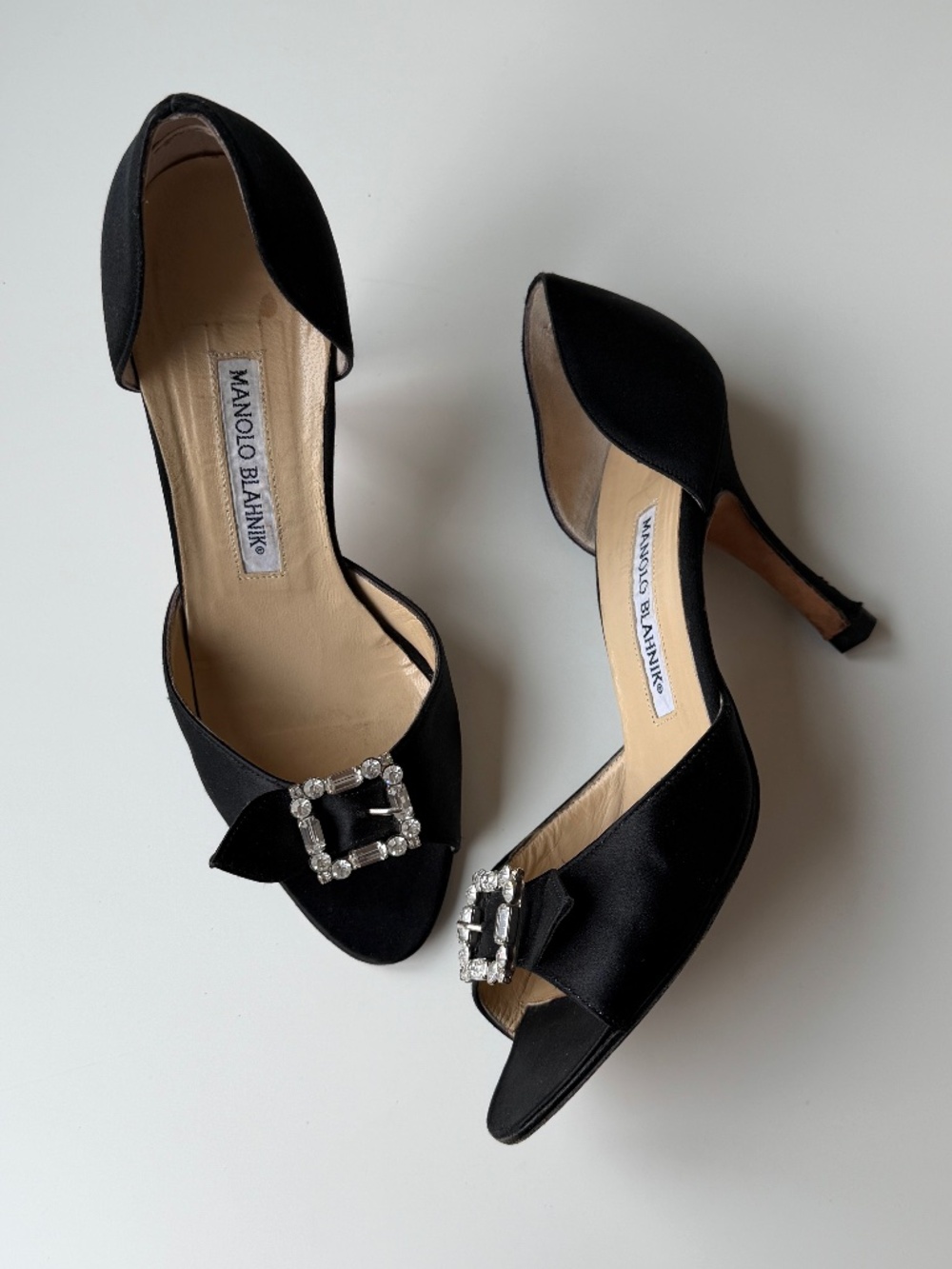 Vintage Manolo Blahnik black satin crystal buckle heels, IT 36, approx. US 6